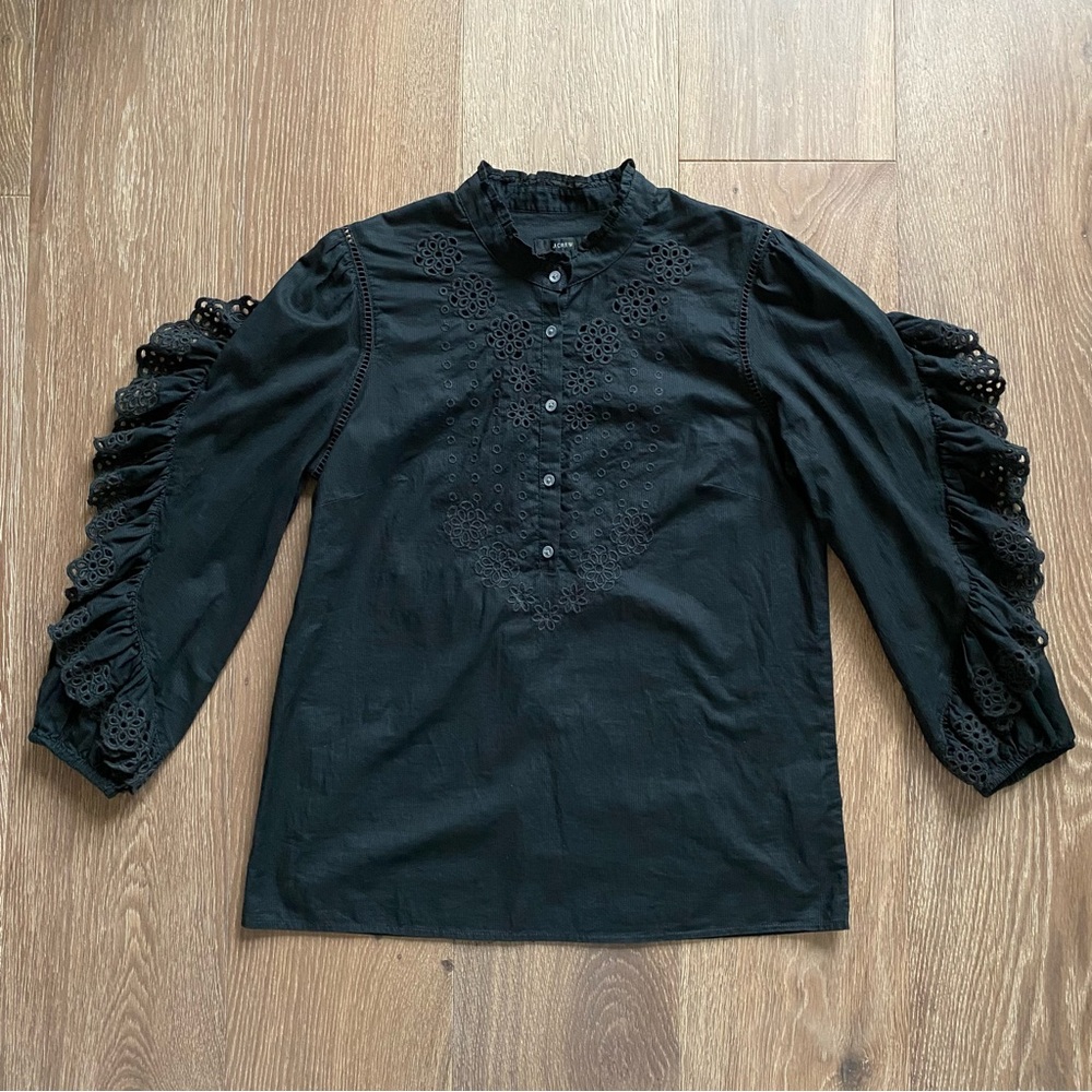 J. Crew Ruffle Sleeve Top Blouse Embroidered Eyelet Black Button Down
